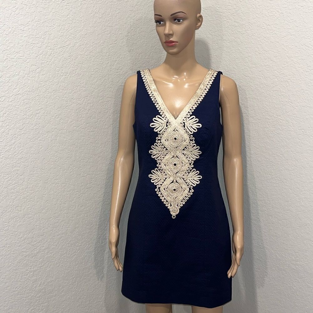 NWOT Lilly Pulitzer navy textured fabric w/gold appliqué on front dress.